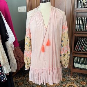 Free People Light Pink Tunic Dress with Floral Sleeves and Coral Tassels